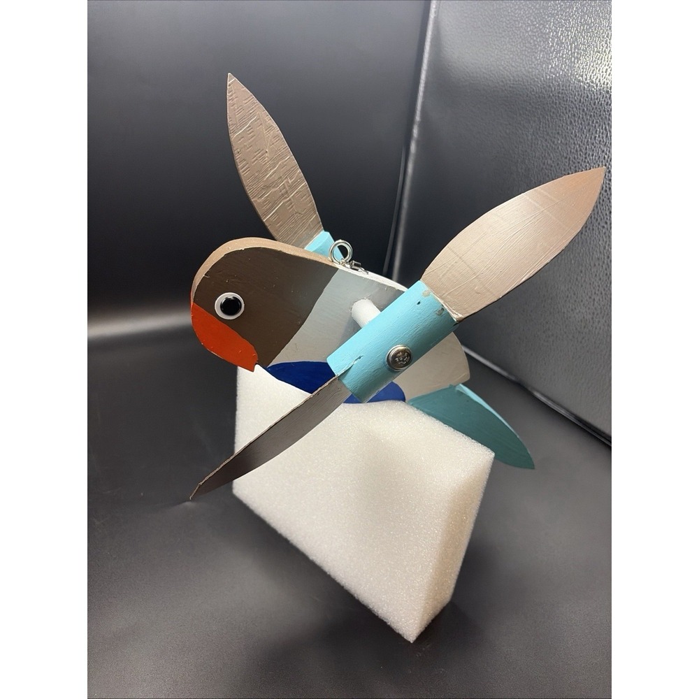 Blue Parrot Parakeet Whirligig Windmill Yard Display Folk Art Wood